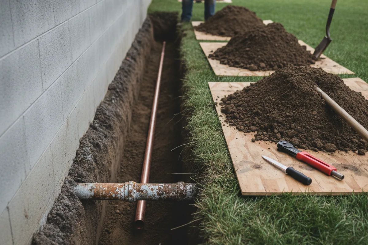 Excavated water line trench during Sewer Line Repair in Cloverdale